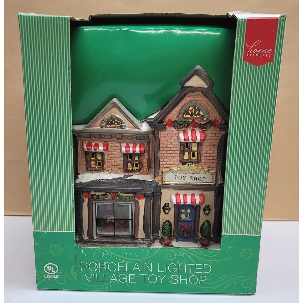 Home Elements Christmas Porcelain Lighted Village Toy Shop w/Window Scene Decor